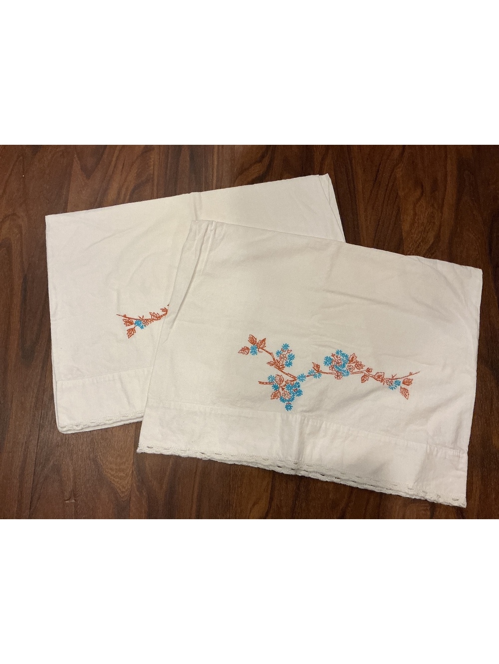 Pair of Vintage Embroidered Pillowcases with Hand Embroidered Floral Design